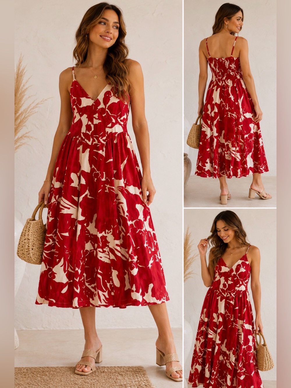 Japna Red White Floral Midi Dress Smocked Back 100% Cotton NWT Size Medium